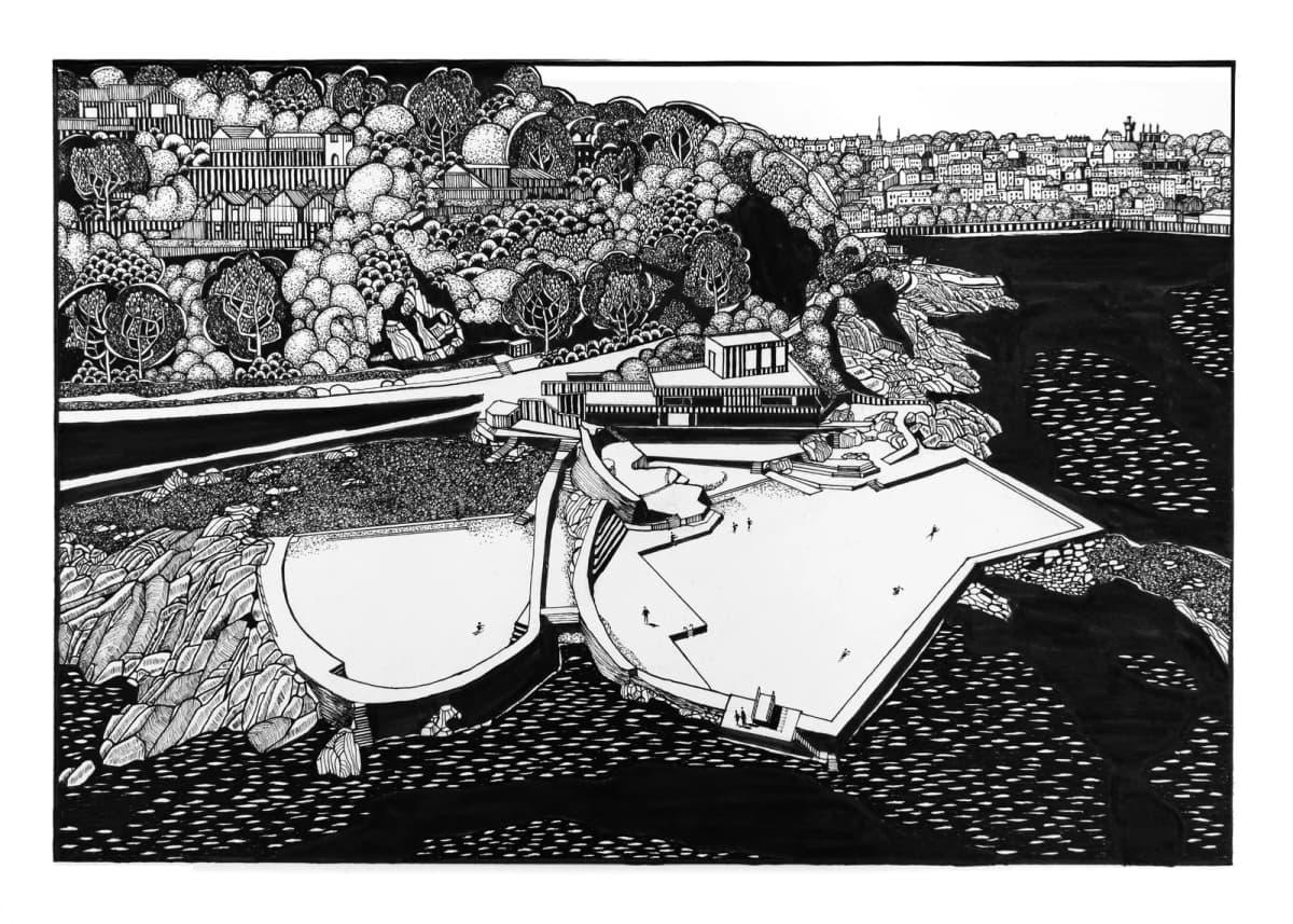 La Vallette Bathing Pools, Guernsey - pen and ink drawing by Natasha K. HE
